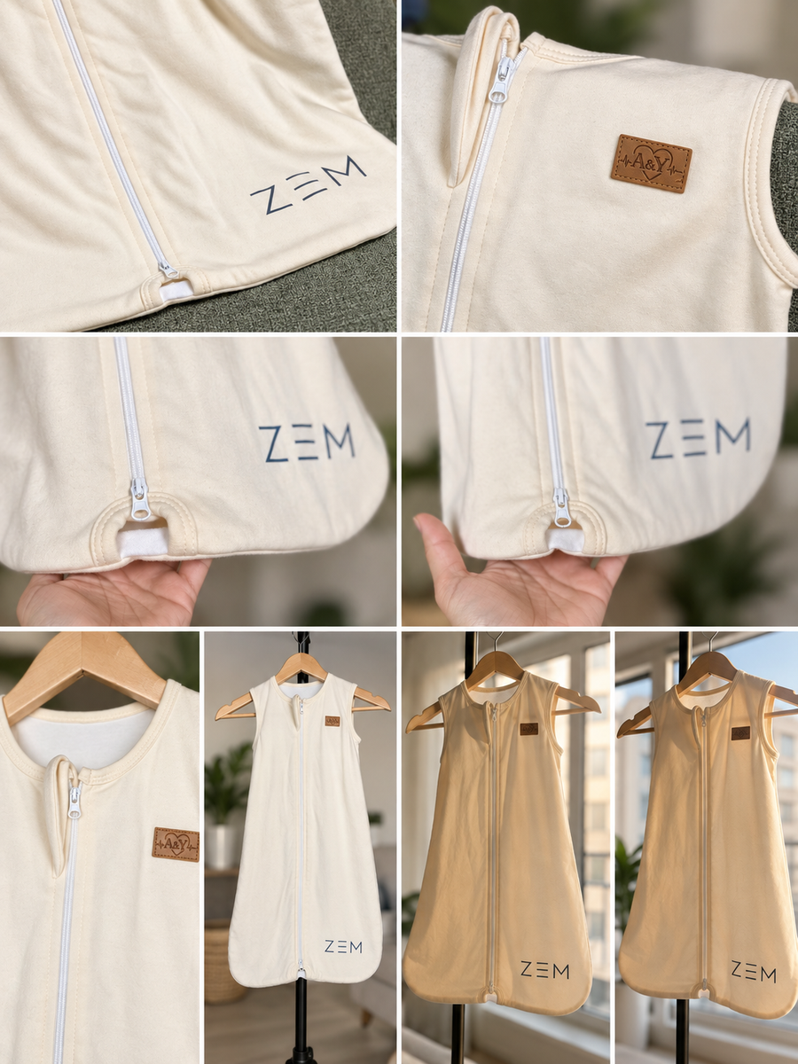 Montage de présentation de la gigoteuse ZEM ivoire : silhouette sans manches, fermeture avant et détails des accès pour tubulures. / Presentation montage of the ivory ZEM sleep sack: sleeveless silhouette, front closure and details of the tubing access points.