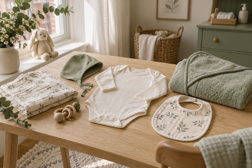 Essentiels bébé doux en coton, sauge et crème, pour préparer l'arrivée de bébé