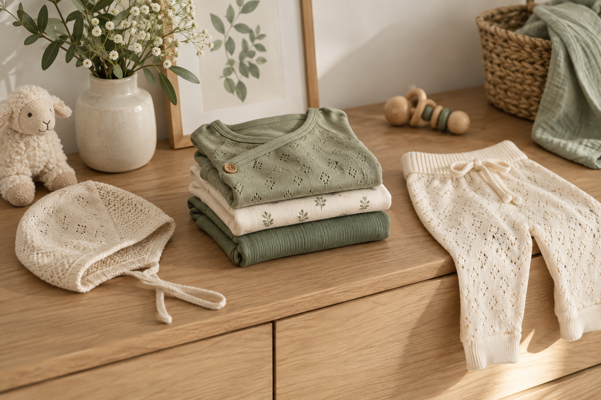 Vêtements pour bébé en coton biologique, bonnet et pantalon pointelle
