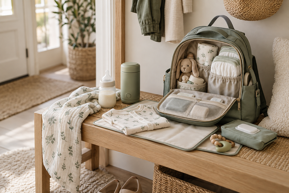Sac à langer organisé avec chauffe-biberon et essentiels pour sortie avec bébé