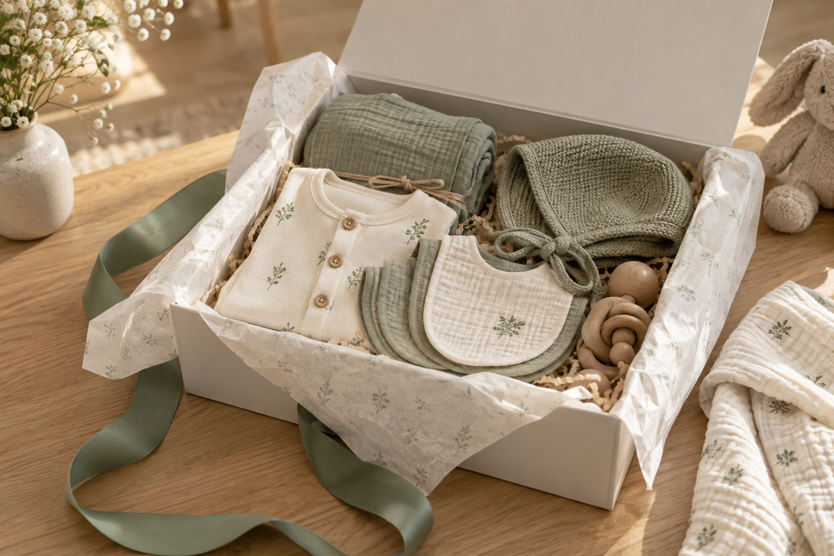 Boite cadeau naissance avec vêtements bébé, bavoirs et couverture douce