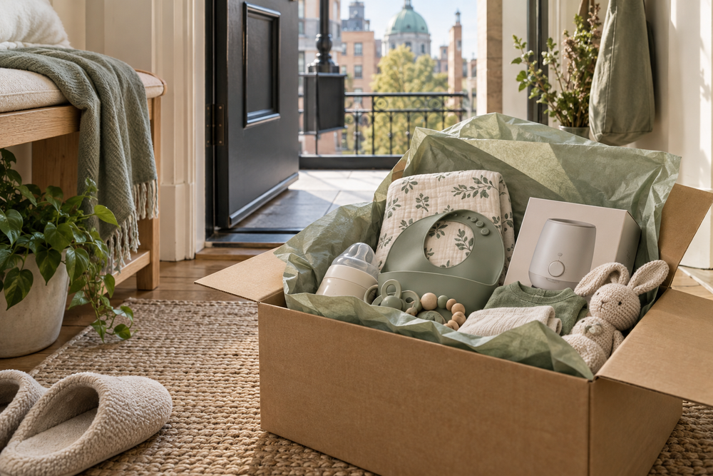 Boite de livraison locale avec accessoires bébé doux a Montréal