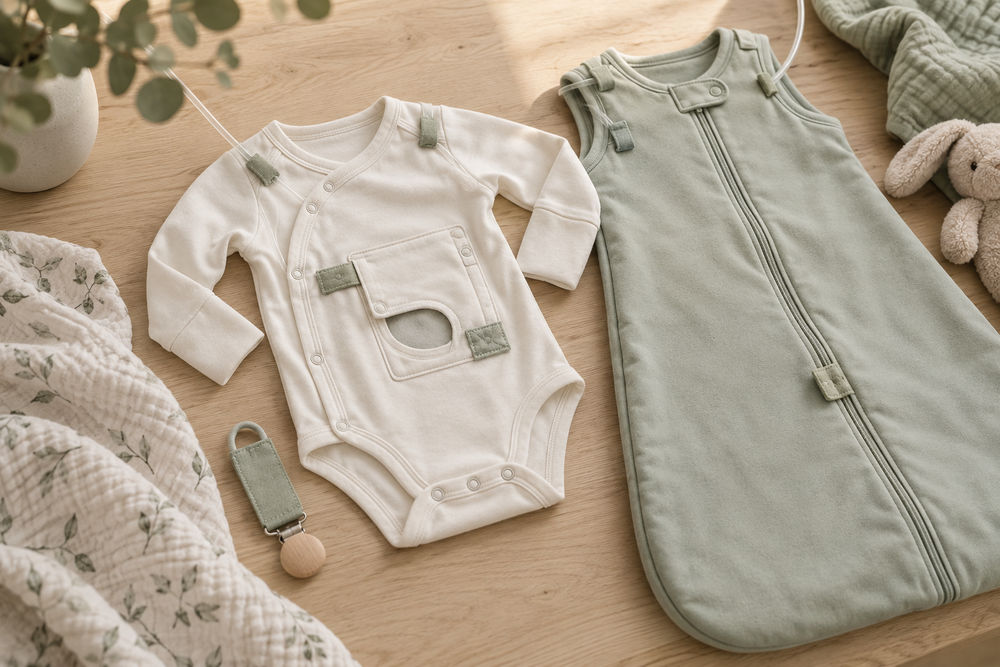 Illustration de vêtements adaptés pour bébé avec ouverture au ventre et gigoteuse sauge