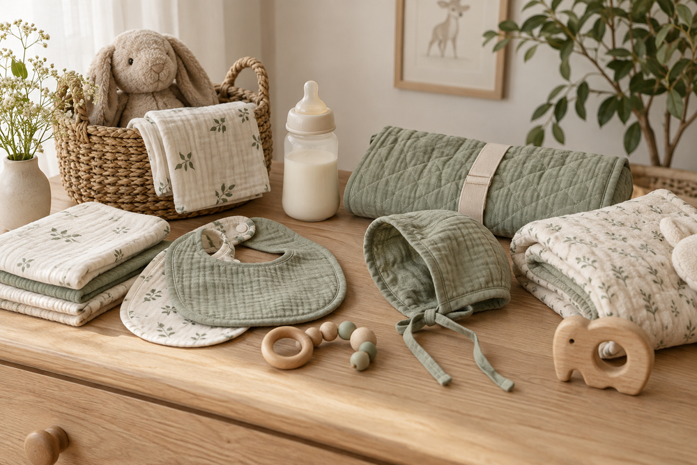 Petits accessoires bébé du quotidien en style scandinave sauge
