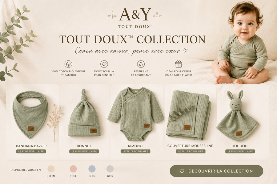 Collection Tout Doux™ chez A&Y - Des essentiels en coton biologique pensés pour les premiers câlins.