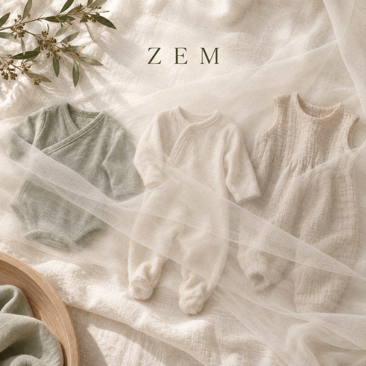 Visuel conceptuel ZEM : trois silhouettes de vêtements bébé sauge et ivoire sous un voile de mousseline.
