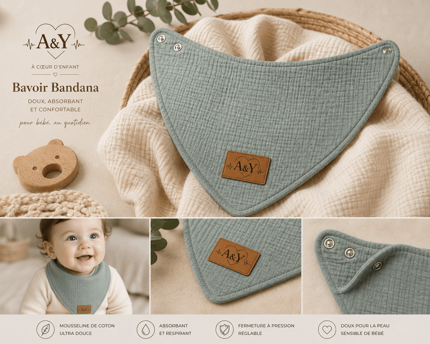 Bavoir bandana Tout Doux™ – Mousseline 100 % coton biologique by Chez A&Y- À Coeur d'Enfant