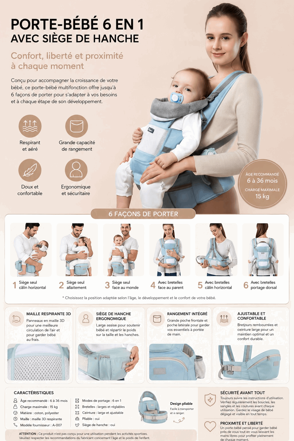 Porte-bébé ergonomique 6-en-1 avec siège de hanche | Sélection A&Y