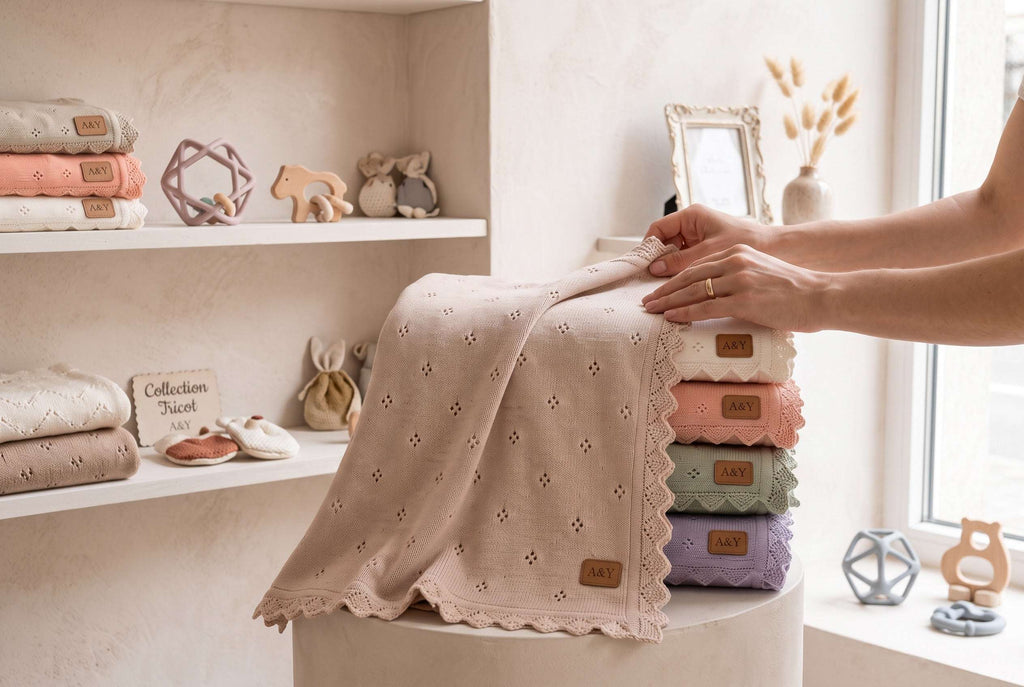 Couverture Bébé Tricotée en Coton Biologique — Bordure Dentelle & Volants — Tout Doux™