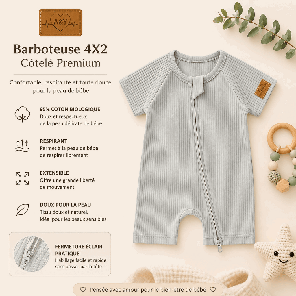 Barboteuse Courte d'Été avec Zipper— 95% Coton Bio (GOTS) — Tout Doux™