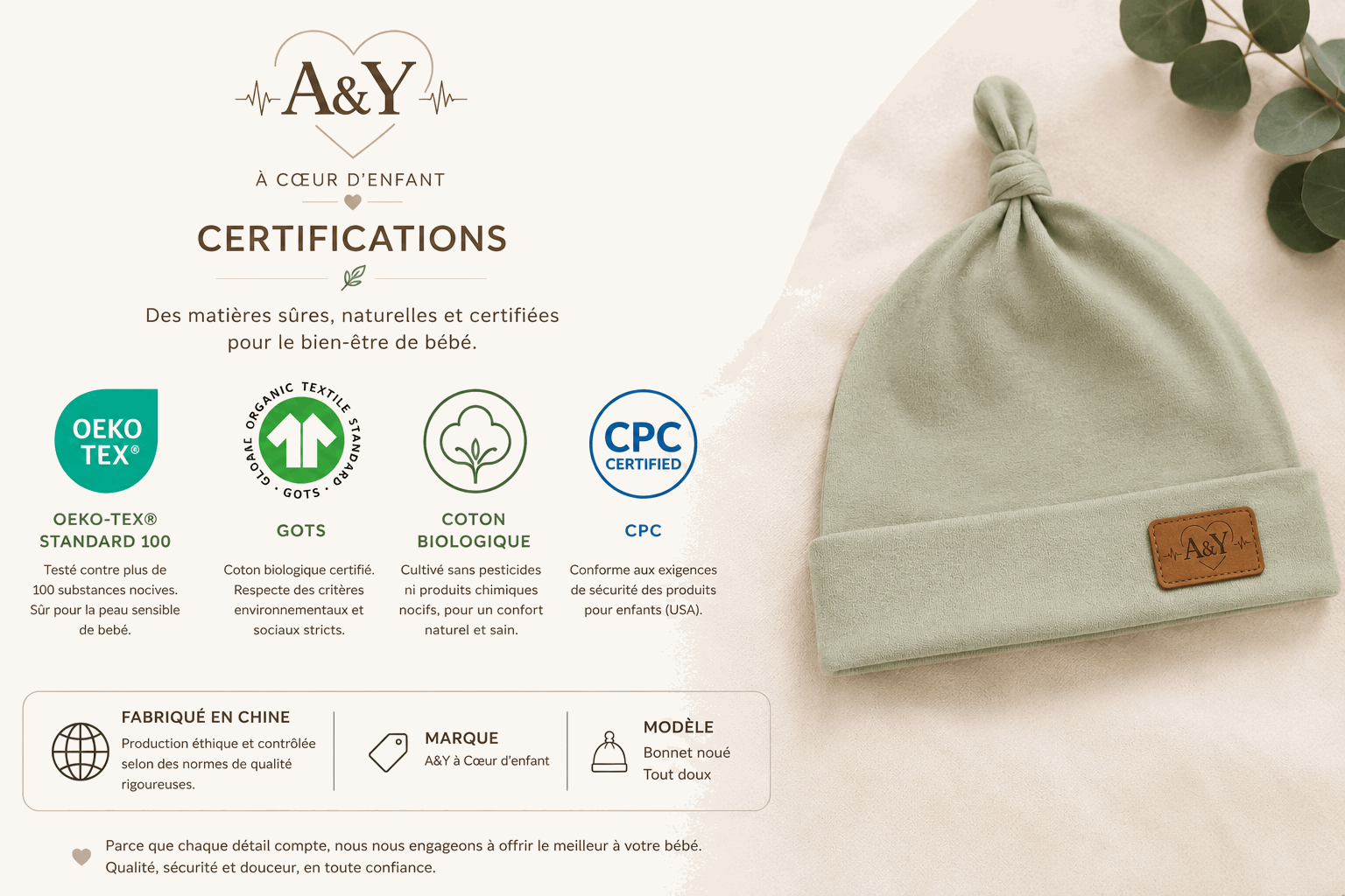 Bonnet noué bébé Tout Doux™ — 100 % coton biologique — Lancement Prévente A&Y
