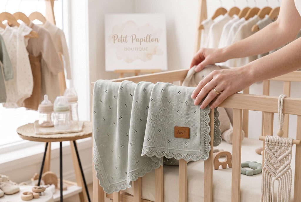 Couverture Bébé Tricotée en Coton Biologique — Bordure Dentelle & Volants — Tout Doux™