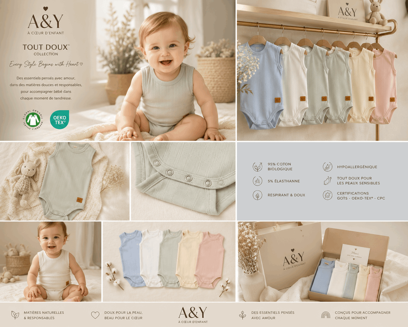 Cache-couche sans manches en coton biologique pointelle –Tout Doux™ (blanc-2) — Lancement Prévente A&Y