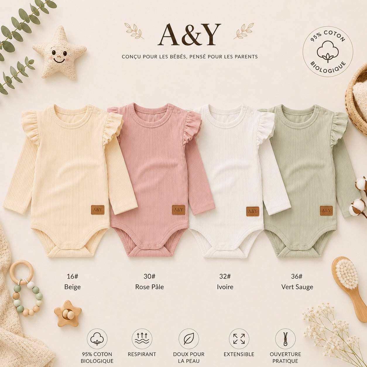 Body Barboteuse Côtelé à Volants — 95% Coton Bio — Tout Doux™