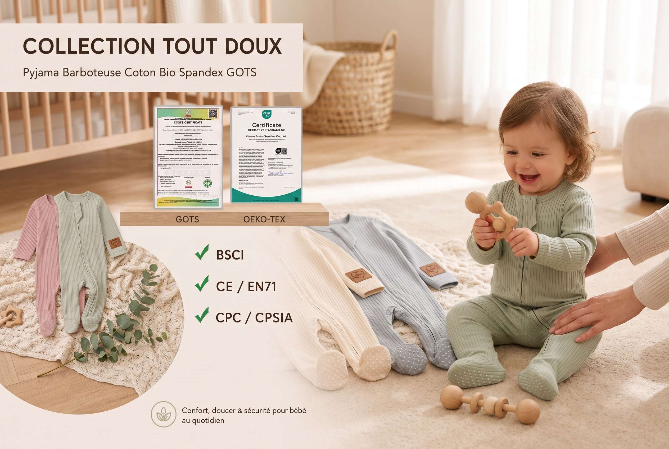 Pyjama Barboteuse Bébé — 95% Coton Bio & Spandex (GOTS) — Tout Doux™