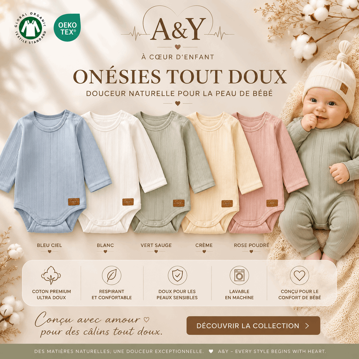 Cache-couche bébé pointelle en coton biologique –Tout Doux™ A&Y (blanc-2) — Lancement Prévente A&Y