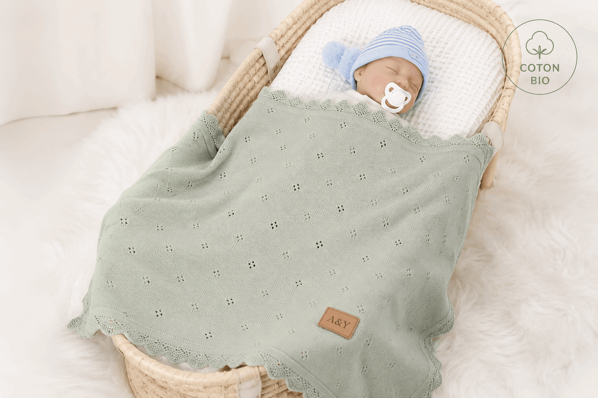 Couverture Bébé Tricotée en Coton Biologique — Bordure Dentelle & Volants — Tout Doux™