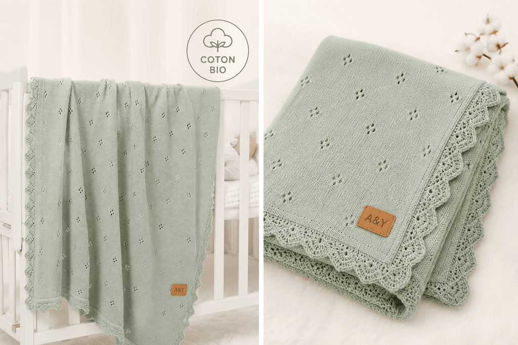 Couverture Bébé Tricotée en Coton Biologique — Bordure Dentelle & Volants — Tout Doux™