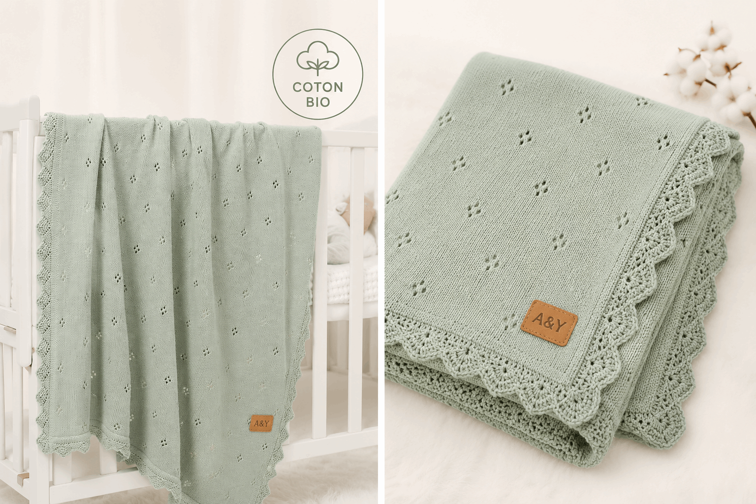 Couverture Bébé Tricotée en Coton Biologique — Bordure Dentelle & Volants — Tout Doux™