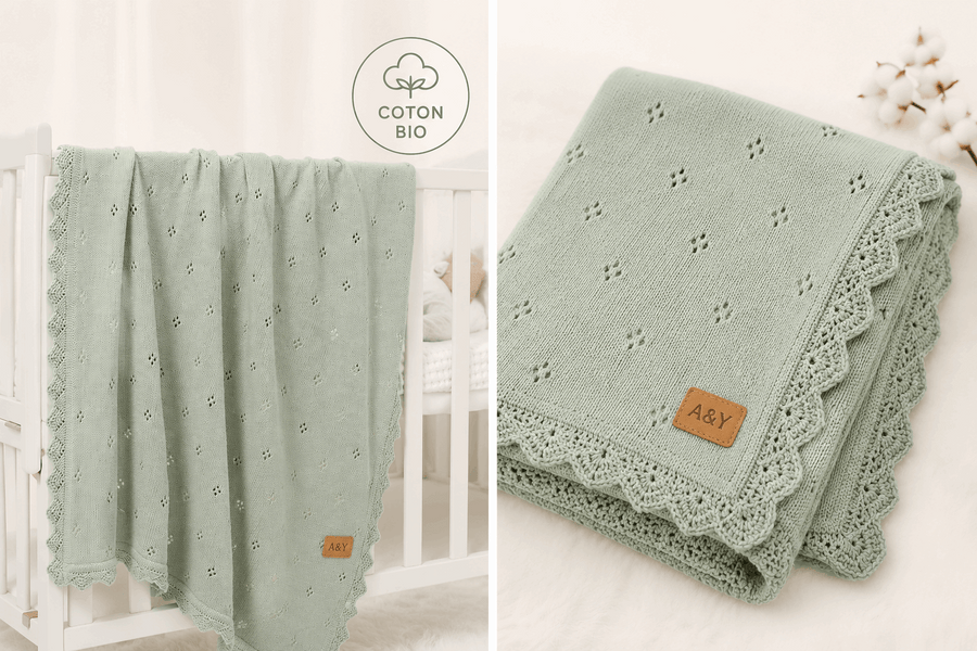 Couverture Bébé Tricotée en Coton Biologique — Bordure Dentelle & Volants — Tout Doux™
