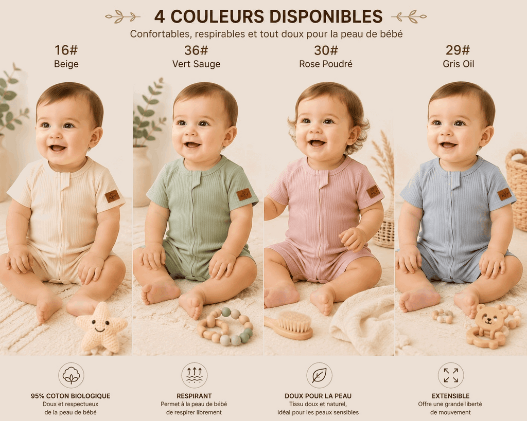 Barboteuse Courte d'Été avec Zipper— 95% Coton Bio (GOTS) — Tout Doux™