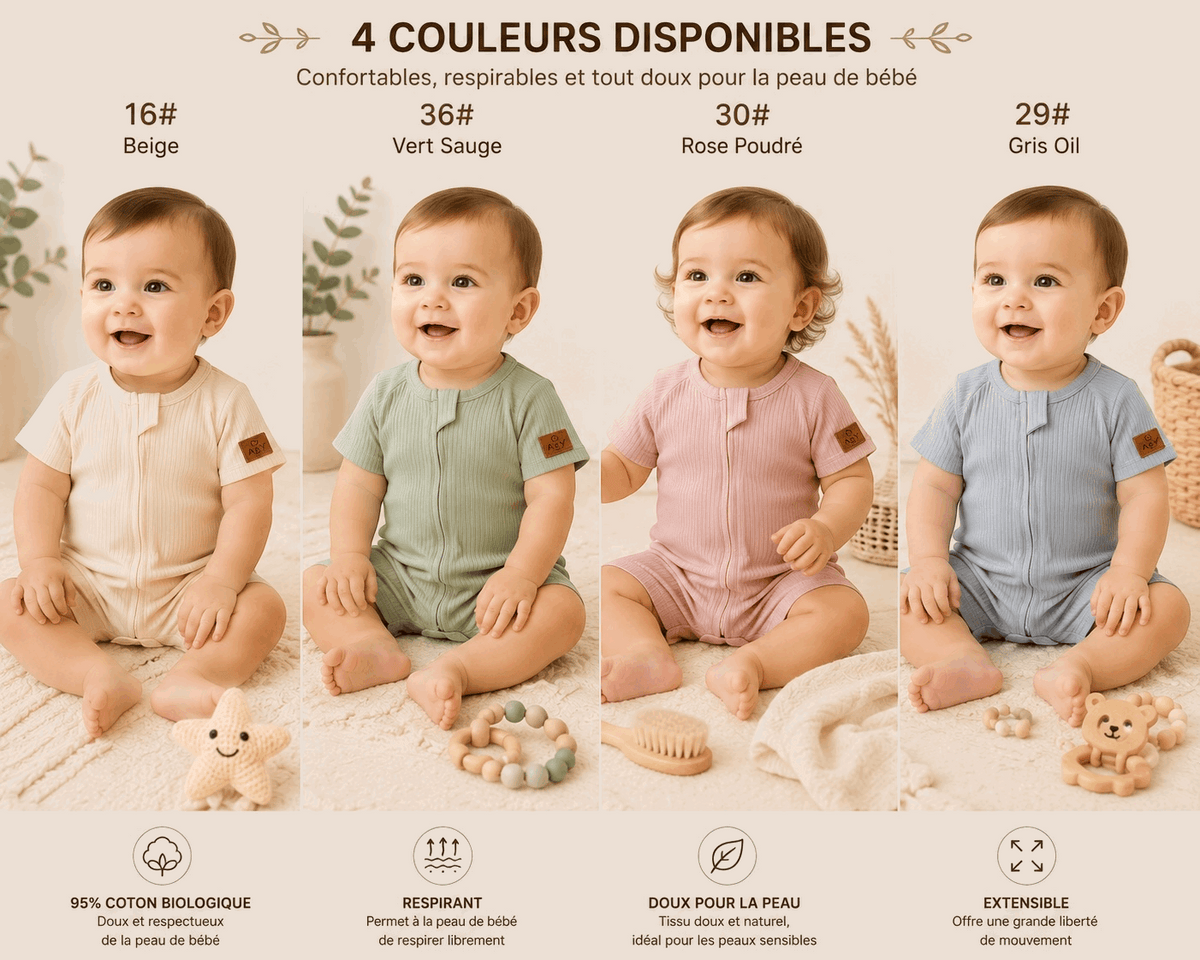 Barboteuse Courte d'Été avec Zipper— 95% Coton Bio (GOTS) — Tout Doux™