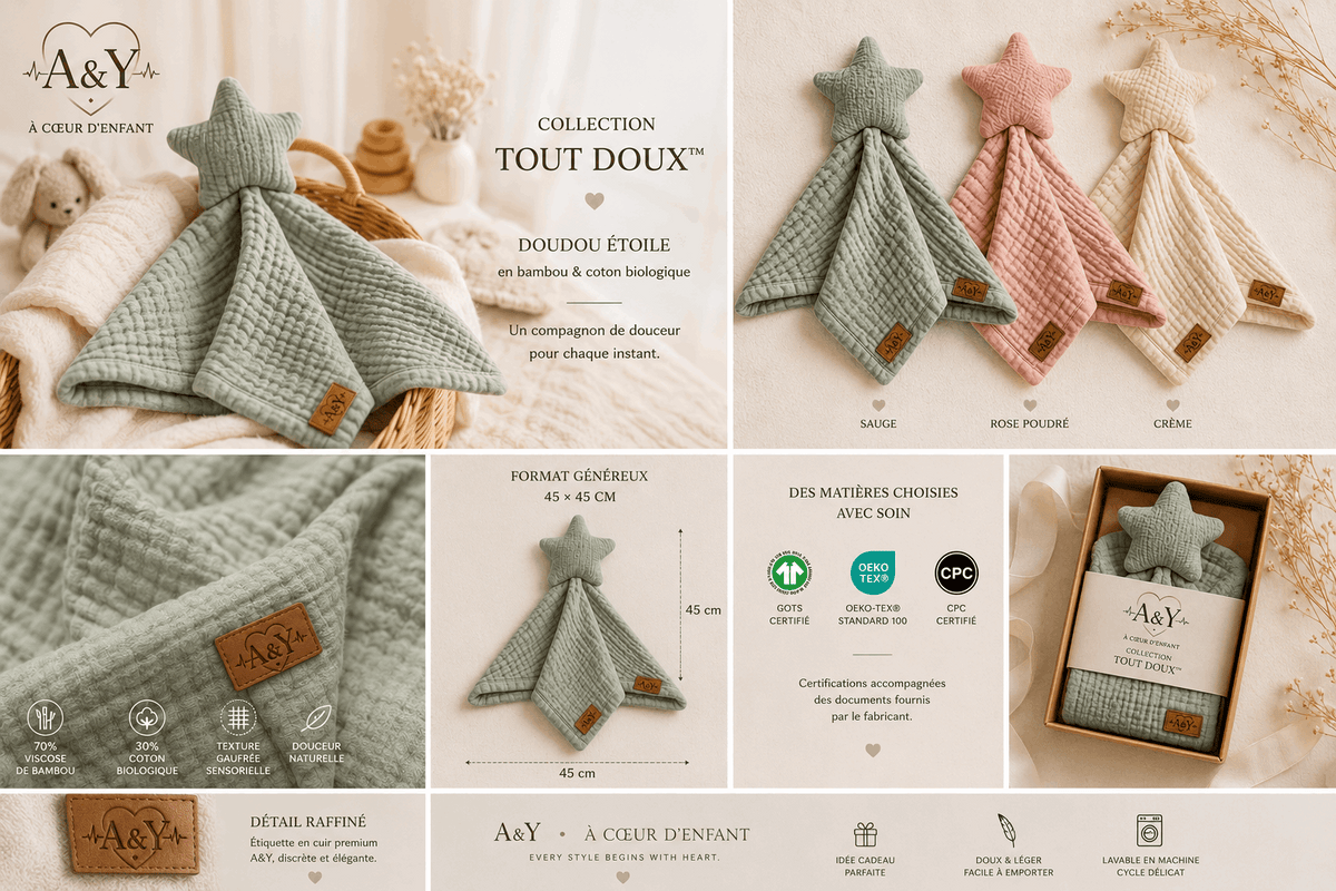 A&Y Tout Doux™ — Doudou Étoile Sensoriel en Bambou & Coton Biologique