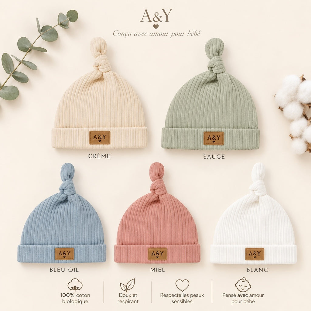 Bonnet Bébé Nouveau-Né en Coton Biologique Très Extensible (Certifié GOTS) — Tout Doux™