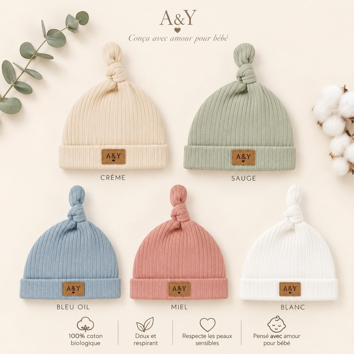 Bonnet Bébé Nouveau-Né en Coton Biologique Très Extensible (Certifié GOTS) — Tout Doux™