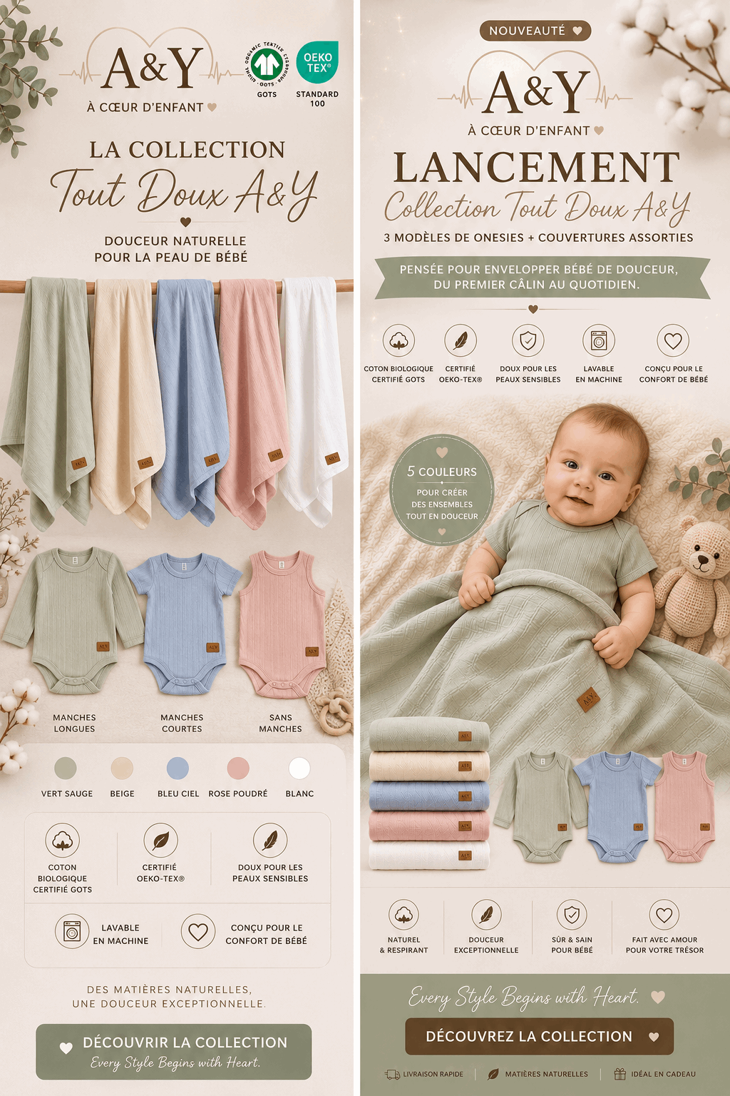 Couverture Signature bébé en coton biologique 96 × 96 cm |Tout Doux™ A&Y (vert-2) — Lancement Prévente A&Y