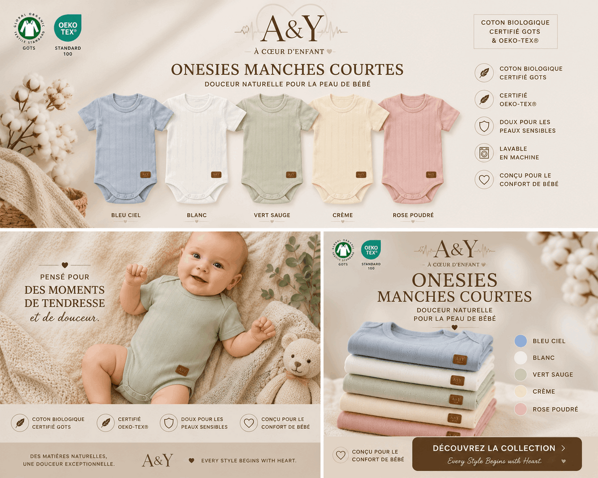 Cache-couche manches courtes en coton biologique |Tout Doux™ A&Y (creme) — Lancement Prévente A&Y