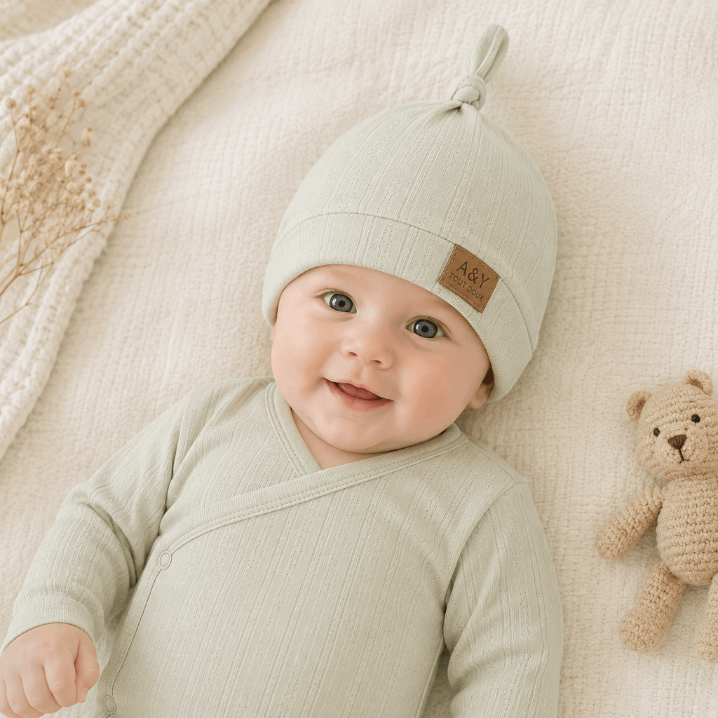     Bébé portant le bonnet pointelle en coton biologique A&Y Tout Doux