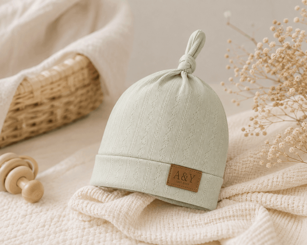 Voici le bonnet vert sauge en coton biologique de la collection appartenant à A&Y