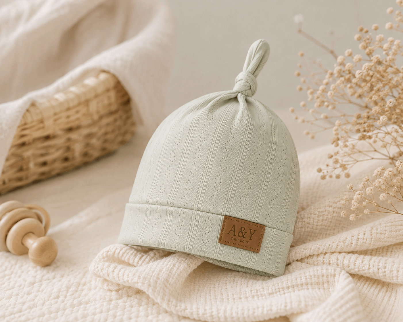 Voici le bonnet vert sauge en coton biologique de la collection appartenant à A&Y