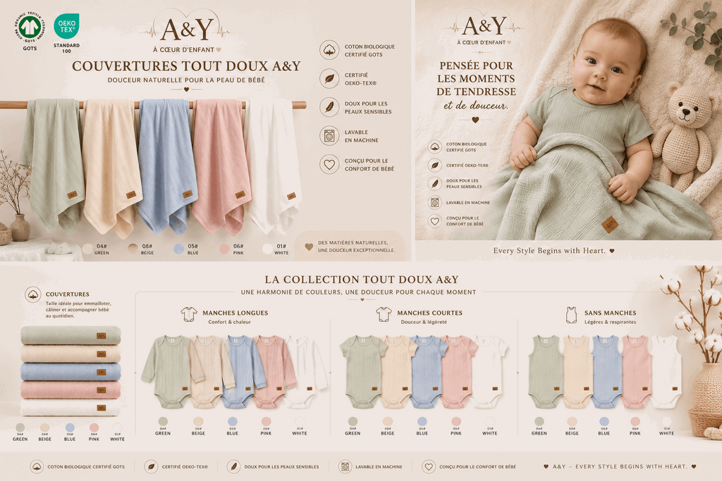 Couverture Signature bébé en coton biologique 96 × 96 cm |Tout Doux™ A&Y — Lancement Prévente A&Y