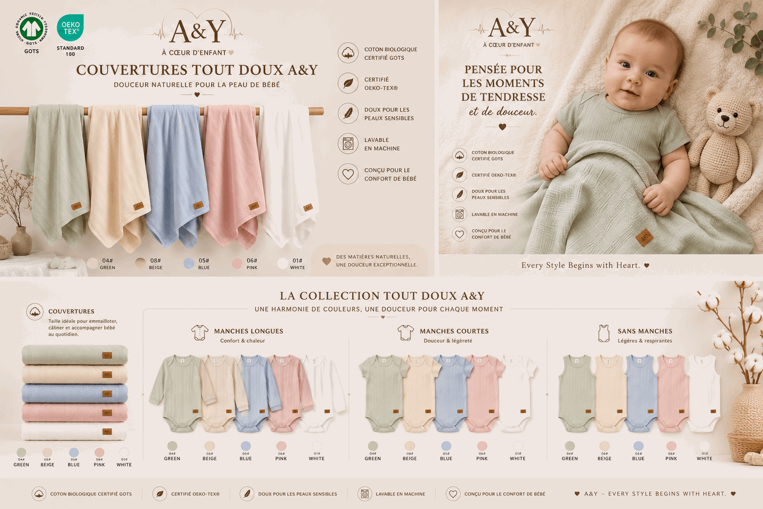 Couverture Signature bébé en coton biologique 96 × 96 cm |Tout Doux™ A&Y — Lancement Prévente A&Y