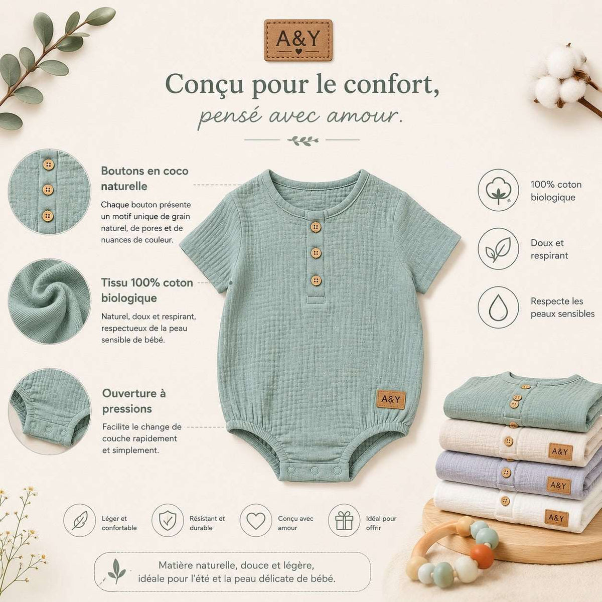 Barboteuse Manches Courtes en Gaze de Coton Biologique — Tout Doux™