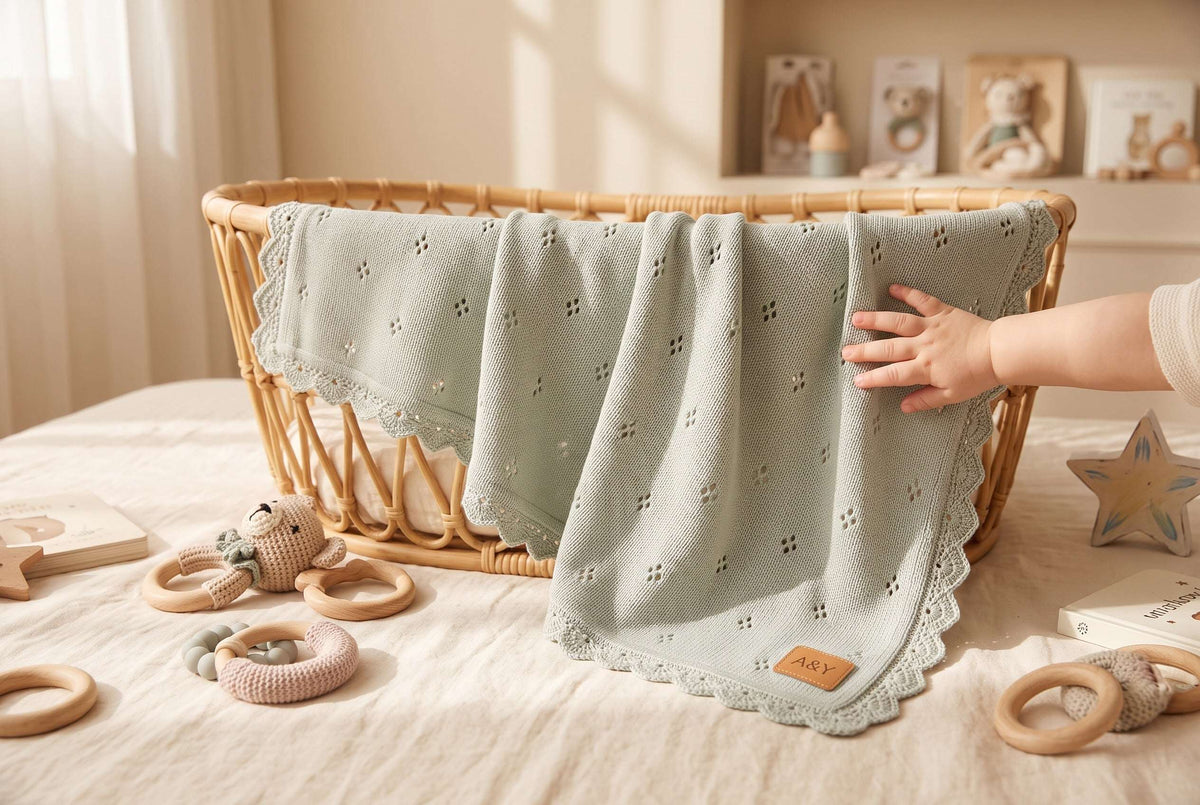 Couverture Bébé Tricotée en Coton Biologique — Bordure Dentelle & Volants — Tout Doux™