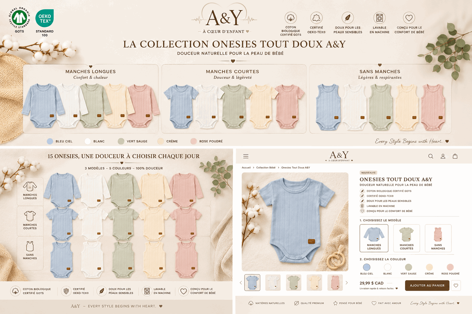 Cache-couche manches courtes en coton biologique |Tout Doux™ A&Y — Lancement Prévente A&Y