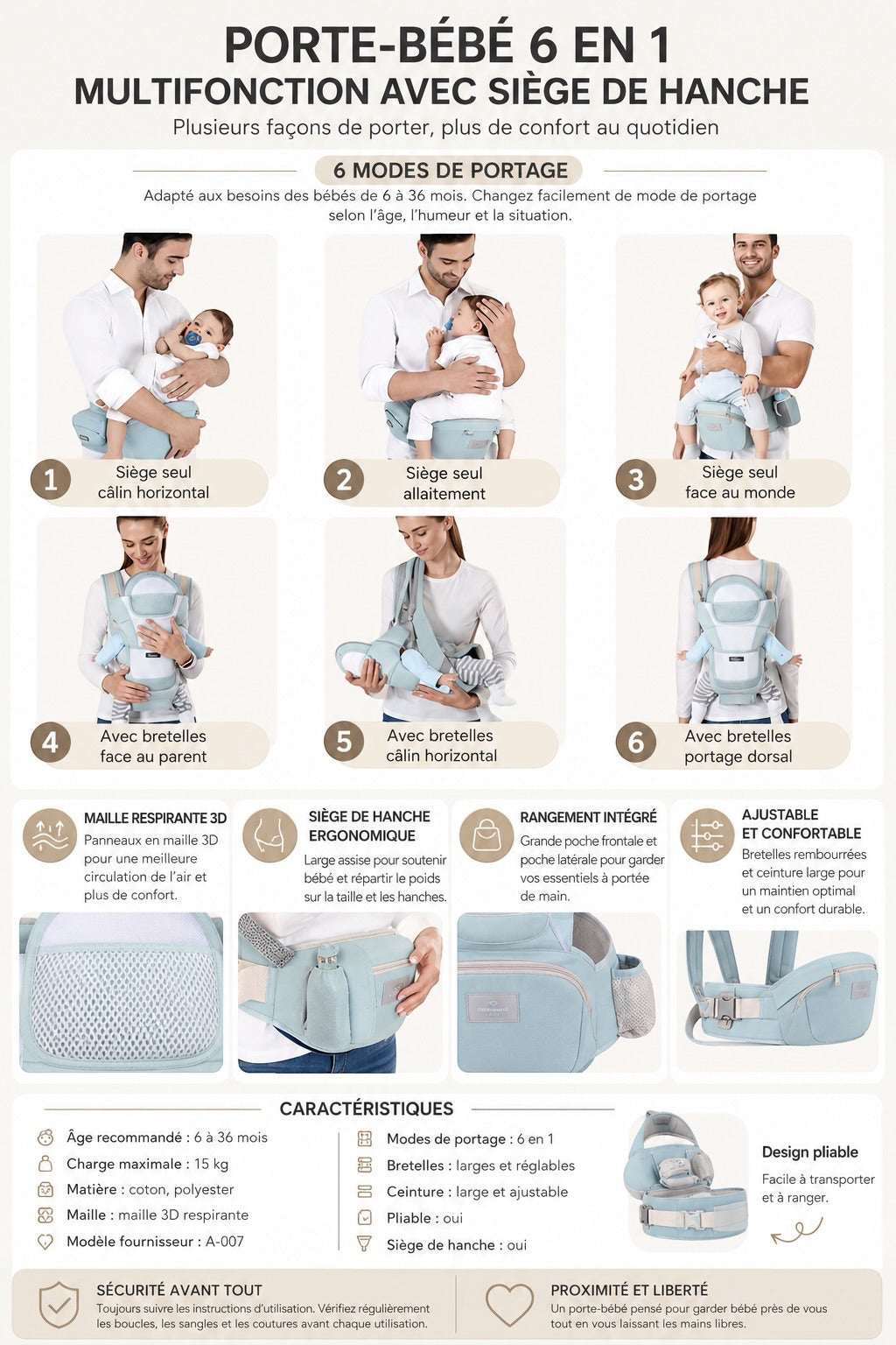 Porte-bébé ergonomique 6-en-1 avec siège de hanche | Sélection A&Y