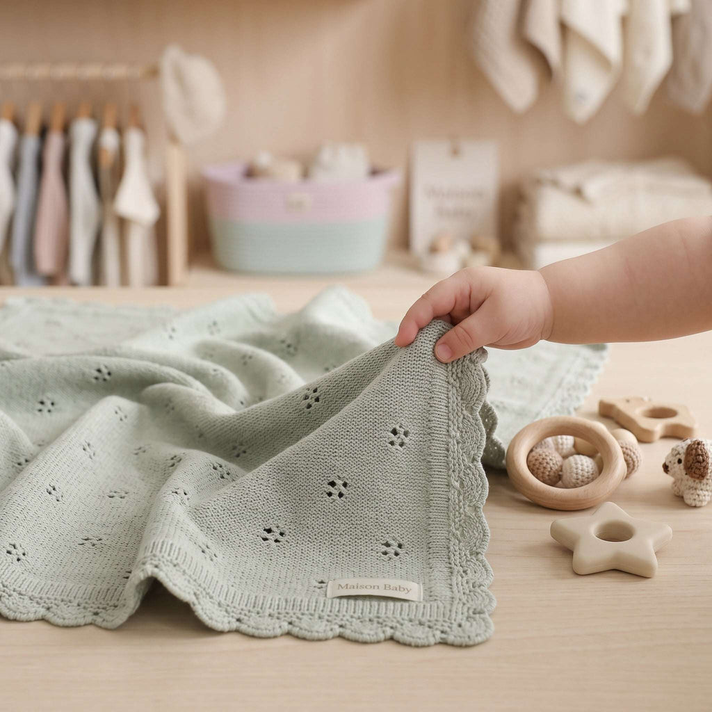Couverture Bébé Tricotée en Coton Biologique — Bordure Dentelle & Volants — Tout Doux™