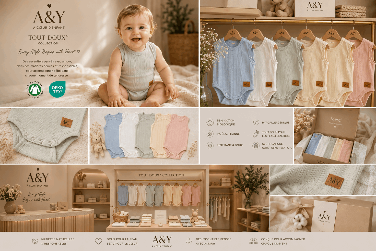 Cache-couche sans manches en coton biologique pointelle –Tout Doux™ (creme) — Lancement Prévente A&Y