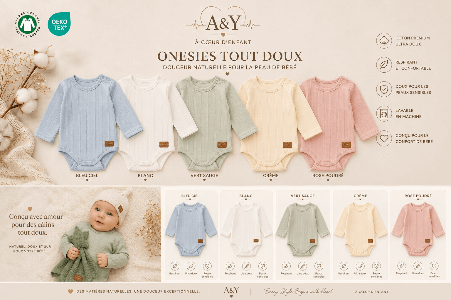 Cache-couche bébé pointelle en coton biologique –Tout Doux™ A&Y (bleu-ciel) — Lancement Prévente A&Y
