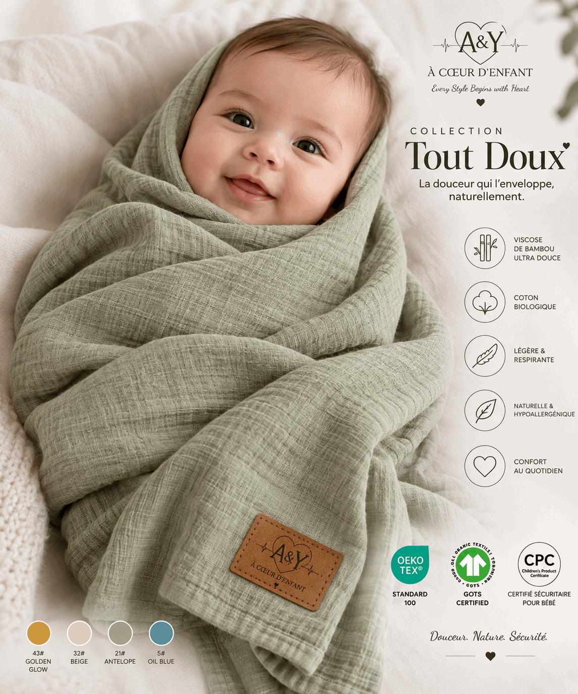 Couverture bébé en mousseline Tout Doux™ – Bambou & coton biologique (miel-dore) — Lancement Prévente A&Y