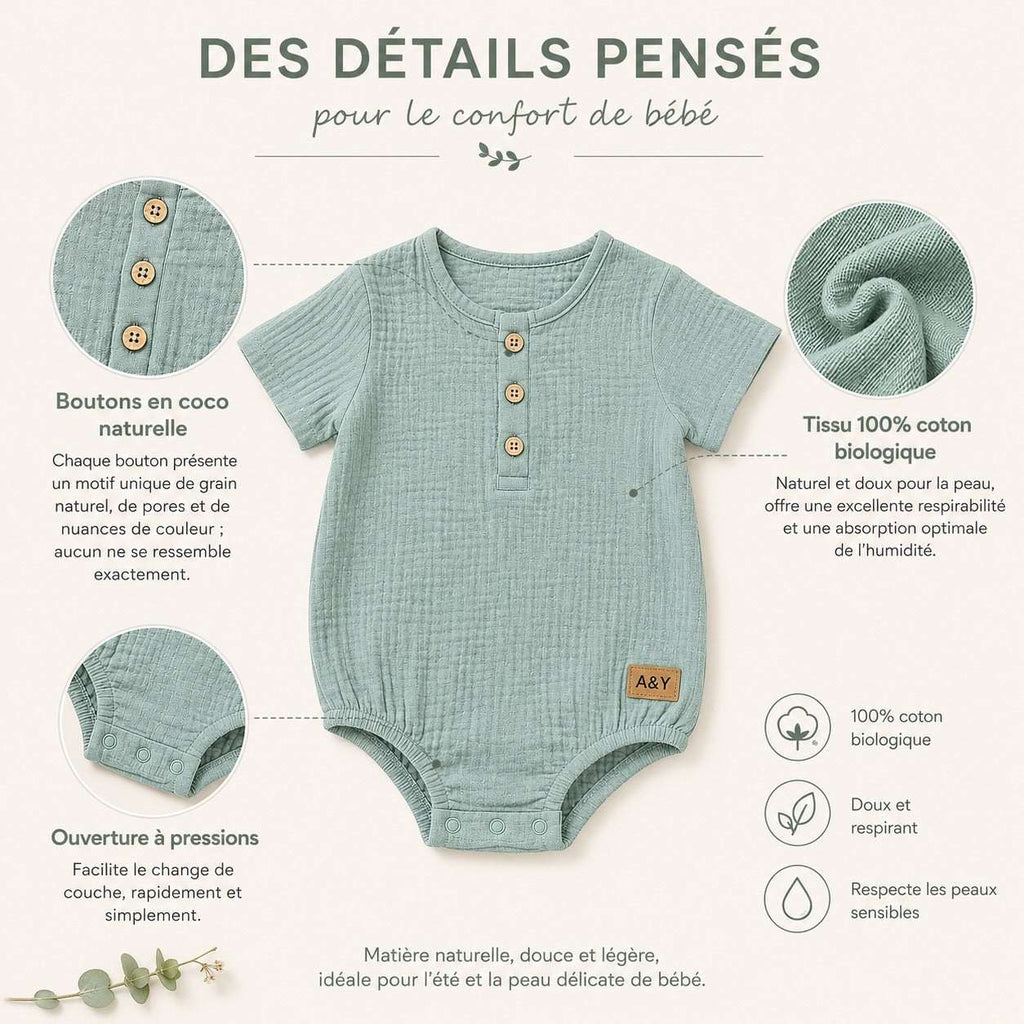 Barboteuse Manches Courtes en Gaze de Coton Biologique — Tout Doux™