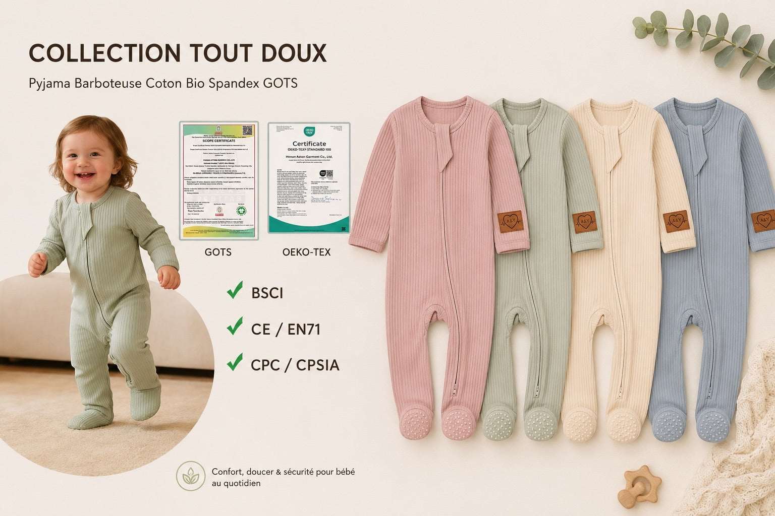 Pyjama Barboteuse Bébé — 95% Coton Bio & Spandex (GOTS) — Tout Doux™