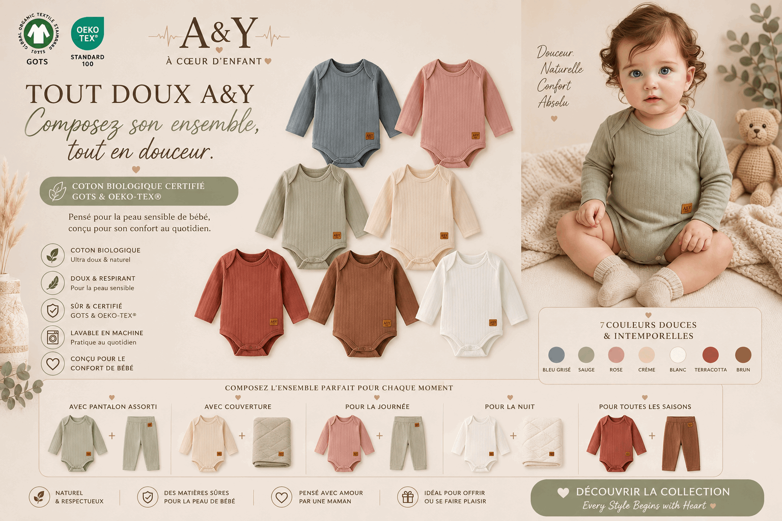 Body bébé premium manches longues en coton biologique– Tout Doux™ A&Y