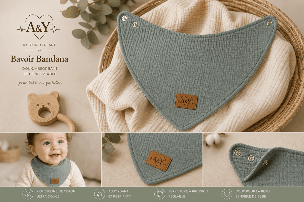 Bavoir bandana Tout Doux™ – Mousseline 100 % coton biologique by Chez A&Y- À Coeur d'Enfant