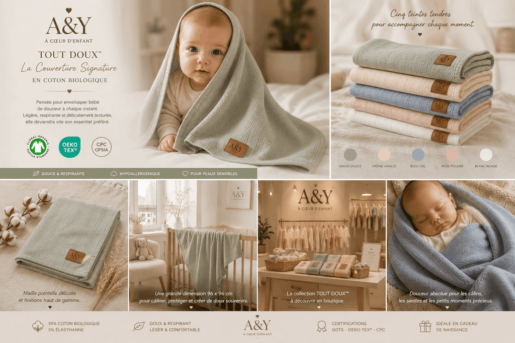 Couverture Signature bébé en coton biologique 96 × 96 cm |Tout Doux™ A&Y (bleu-2) — Lancement Prévente A&Y
