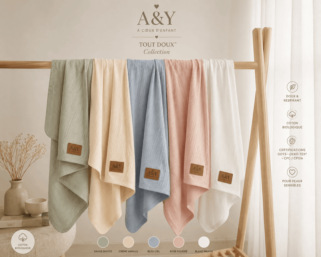 Couverture Signature bébé en coton biologique 96 × 96 cm |Tout Doux™ A&Y (jaune) — Lancement Prévente A&Y